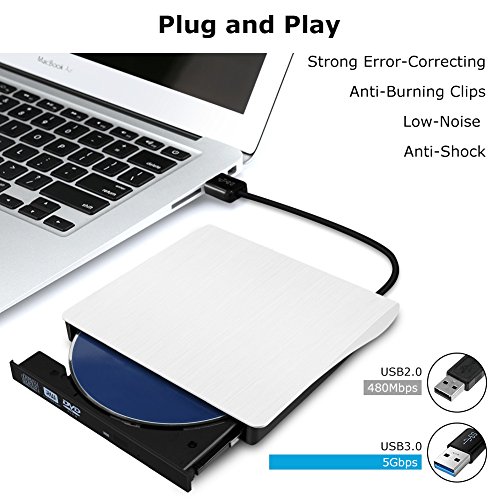 USB 3.0 External DVD Drive,Paragala Ultra Slim External CD Drive Portable CD DVD Player Burner Reader Writer with Built-in Cable,Excellent Optical Drive for Laptop Notebook Macbook and Desktop (White)