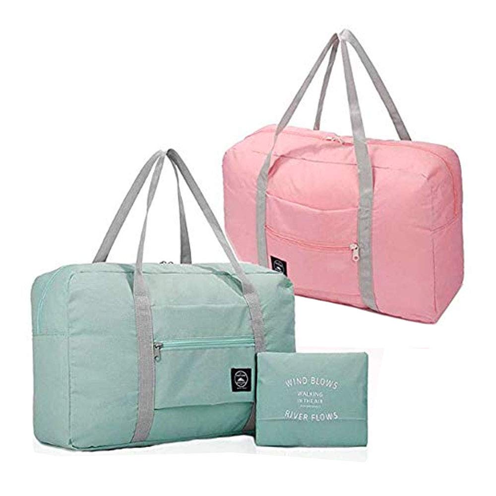 Photo 1 of 2 Pack Foldable Travel Bag Waterproof Travel Duffel Bag,Women Ladies Man Canvas Weekender Bag Overnight Carry-on Tote Duffel in Trolley Handle (Pink&Blue)…