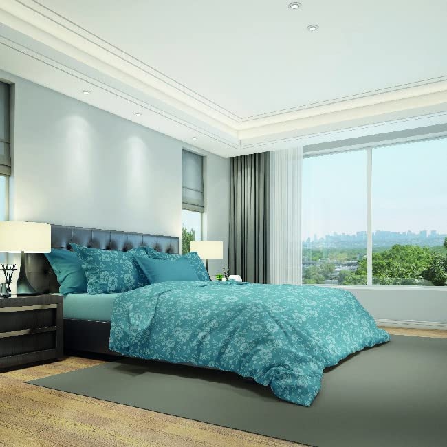 Homemania Peonies Duvet Cover Set - Natura, Single - with Duvet Cover, Pillowcase - for the Bed - Light Blue, White Cotton, 150 x 200 cm