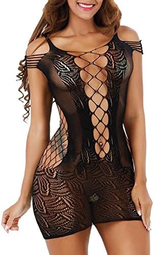 Eovemale Women's Mesh Lingerie Fishnet Babydoll Mini Dress Free Size Bodysuit (Black)