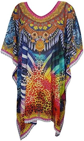 Mogul Interior Women's Sofia Caftan Short Dress Beach Bikini Cover up Summer Spring Fling with Neck Jewels One Size