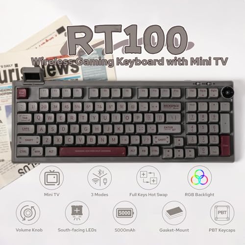 EPOMAKER RT100 97 Keys Gasket BT5.0/2.4G/USB-C Mechanical Keyboard with Customizable Display Screen, Knob, Hot Swappable Socket, 5000mAh Battery for Win/Mac (Retro White, Wisteria Tactile Switch)