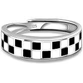 Checkerboard Adjustable Rings for Women - 925 Sterling Silver International Chess Rings Fashion Chessboard Ring Dainty Racing Flag Jewelry Gifts for Racer Black and White Ring for Women Men