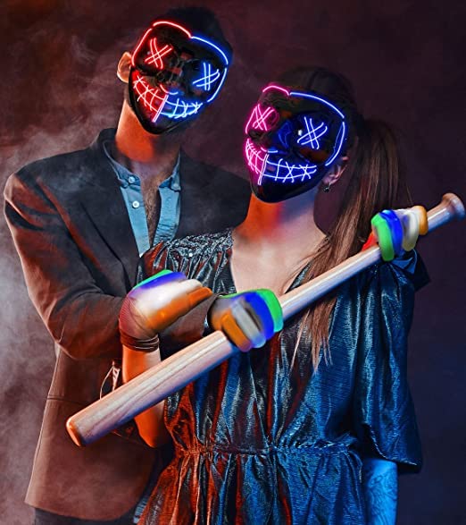 STONCH Halloween Glow Mask Skeleton Gloves Set, 3 Modes Light Up Scary LED Mask with LED Glow Gloves, Halloween Costumes glow purge Masks