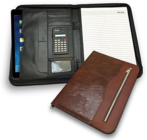 Executive Deluxe Portfolio - Professional Padfolio Holder with Zippered Closure, Without Handled Business Pad Holders, iPad Pocket Case, Letter Size Writing Pad - PU Leather - Brown