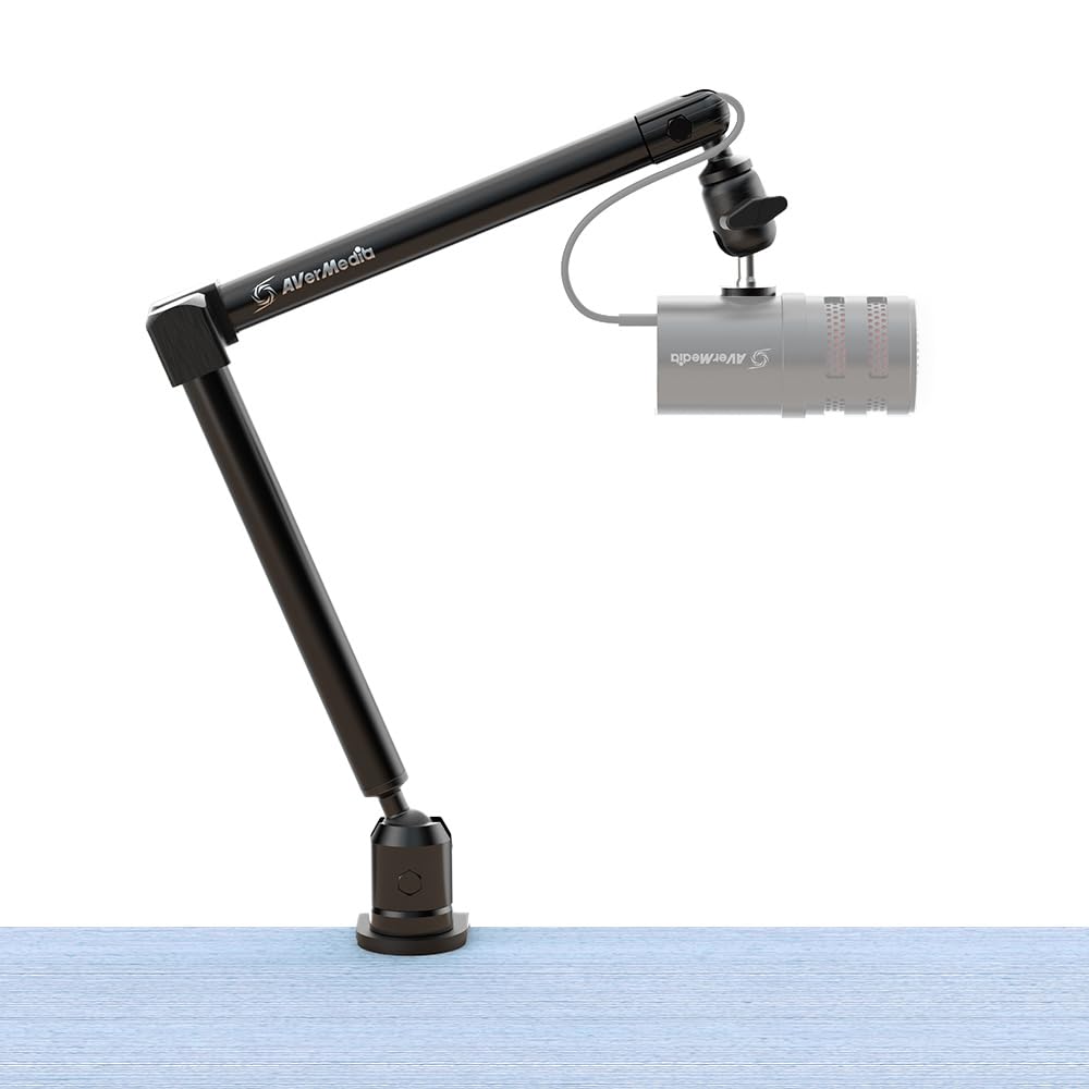 AVerMedia Mic Arm with Desk Clamp, Fully Adjustable Boom Arm, 1/4” to 5/8” Adapter, Heavy Duty Microphone Stand for Studio, Podcast, Gaming, including both High & Low Profile Mic Arm setups.