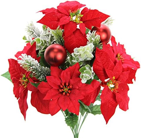 Admired By Nature12 Stems Artificial Poinsettia Bouquet Fake Christmas Flowers, Faux Velvet Poinsettia Mixed Christmas Bush for Home Decor, Holiday Bush, Indoor Floral, Cemetery Flowers, Red
