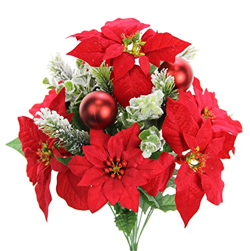 Admired By Nature12 Stems Artificial Poinsettia Bouquet Fake Christmas Flowers, Faux Velvet Poinsettia Mixed Christmas Bush for Home Decor, Holiday Bush, Indoor Floral, Cemetery Flowers, Red