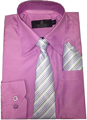Vitorino Boys Long Sleeve Button Down Dress Shirt with Tie and Handkerchief, 8,Lilac
