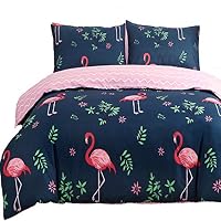 LAMEJOR Duvet Cover Queen Size Tropical Flamingo Pattern Reversible Navy Blue/Pink Comforter Cover Bedding Set (1 Duvet Cover+2 Pillowcases)