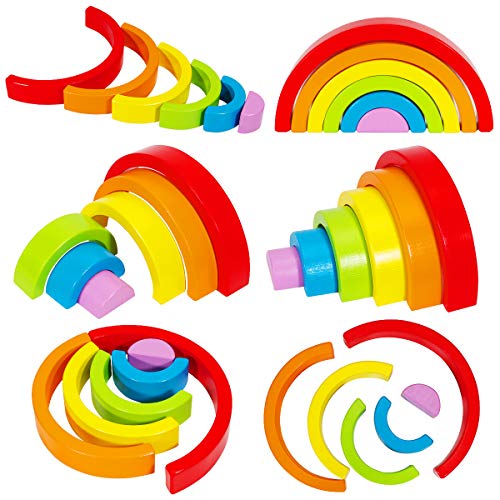Dreampark Wooden Rainbow Stacking Game Stacker Nesting Puzzle Blocks, Color Shape Matching Educational Learning Toys for Kids Baby Toddlers 1 2 3 4 5 Years Old and Up (6 PCS)