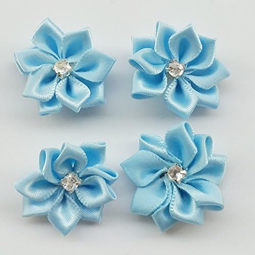 Dandan DIY Upick More Than 26 Colors 40PCS Satin Ribbon Flowers Bows Rose w/Rhinestone Appliques Craft Wedding Dec (Blue)