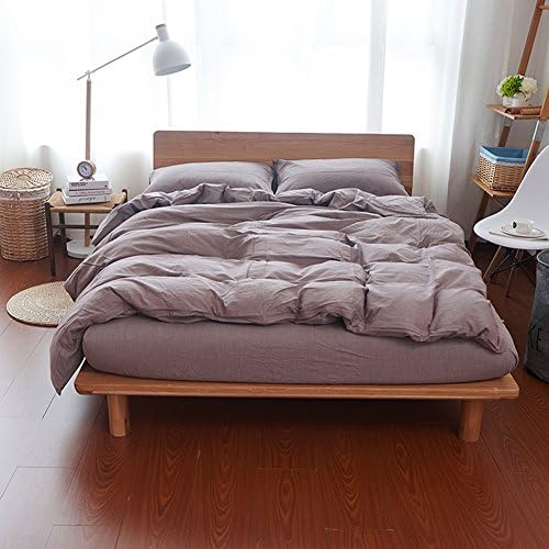 Adyonline Chambray Duvet Cover Solid Color 3 Pcs Stone Washed Bedding Set 280Thread Count Natural Wrinkled Look-Relaxed&amp;Soft Feel\Coffee,Queen