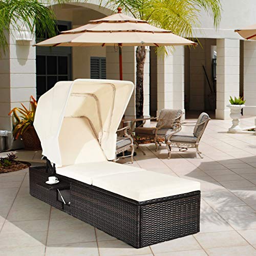 Happygrill Patio Chaise Lounge with Retractable Canopy, Outdoor