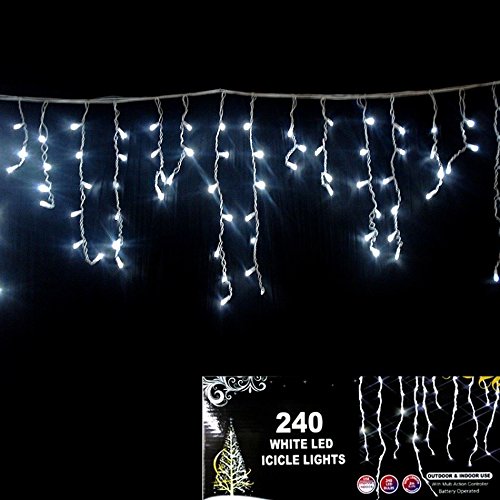 Indoor Outdoor Battery Operated Timer Icicle White Led Lights 240 Bulb
