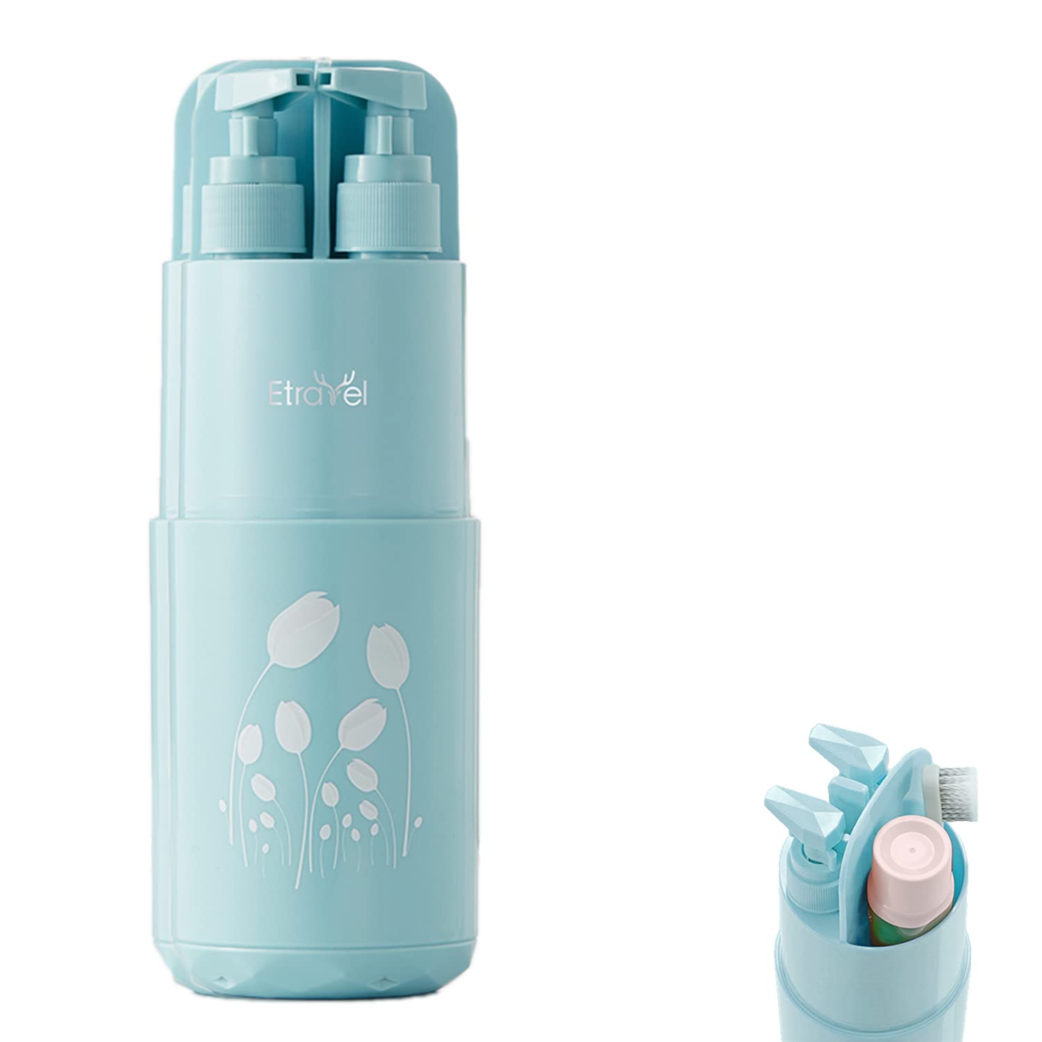 Meiyijia Travel Water Cup Set, Toothbrush Case, Toothbrush Tumbler with 2 x 45 ml Lotion Dispenser, Soap Dispenser, Comb, Mirror, Suitable for Camping Travel, Business Trips, School (blue)