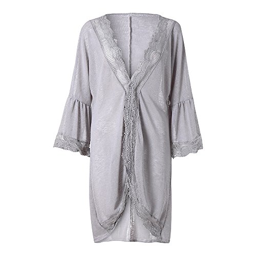 Farmerl Women's Loose Casual 3/4 Bell Sleeve Lace Kimono Cardigan Gray - Thumbnail 3