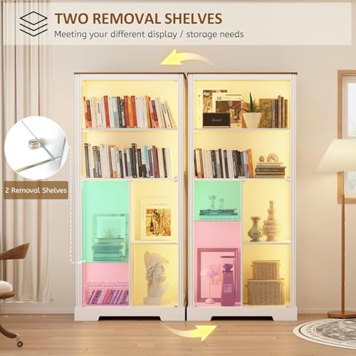 180cm Tall Display Cabinet with Glass Doors, Modern Curio Cabinet with 3 Color Lights, 7-Tiers Glass Display Cases for Collectibles, Tall Lego Storage Cabinet with Human Body Sensor (White)