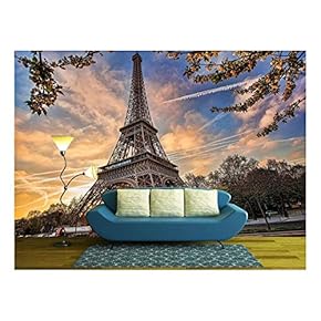 Eiffel Tower with Spring Tree in Paris, France - Removable Wall Mural | Self-Adhesive Large Wallpaper - 66x96 inches