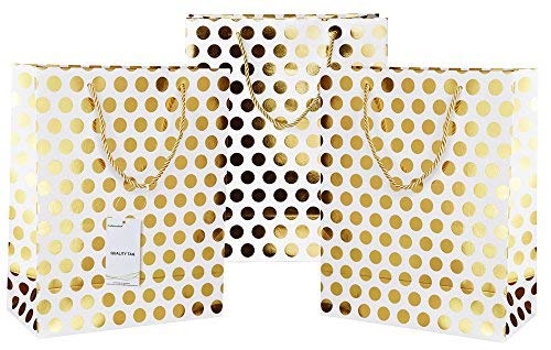 Pack of 5 Medium Paper Carrier Bags with Reinforced Ribbon Handles (White|Metallic Like Golden Dots, 26 x 12 x 32cm)-FiveSeasonStuff