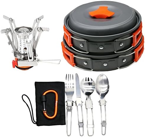 TH 12/16 Pcs Camping Cookware Stove Carabiner Canister Stand Tripod Folding Spork Set Bisgear Outdoor Camping Hiking Backpacking Non-stick Cooking Picnic Knife Spoon Wine Opener (16 pcs(Orange))