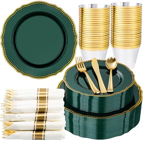Hioasis 175 Pcs Green Gold Plastic Plates