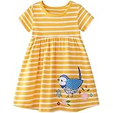 AIWUHE Toddler Girls Dress Cotton Casual Short Sleeve Striped Jersey Dresses Summer Cartoon Dinosaurs Appliques Shirt 2-7Y