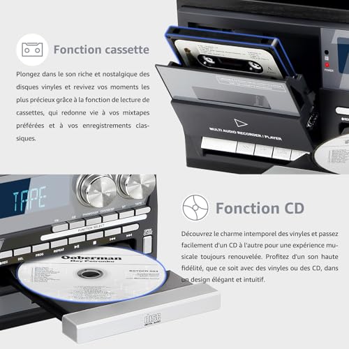 Vintage 9-in-1 Turntable with Bluetooth, 3 Speed Turntable, CD & Cassette Player, AM/FM Radio, USB/SD Encoding, AUX In & RCA Out