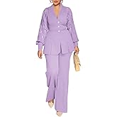 HWP Pants Suits for Women Dressy 2 Piece Business Casual Outfits Solid Long Sleeve Blazer and Pencil Pant Sets
