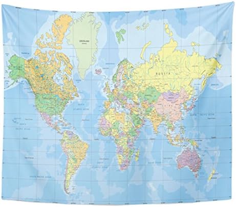 VaryHome Tapestry Blue Africa Political World Map in Mercator Projection All Arab Home Decor Wall Hanging for Living Room Bedroom Dorm 50x60 Inches