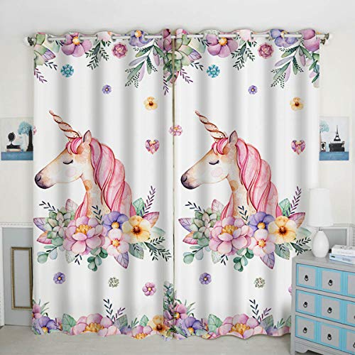 QH Window Curtain Panels Unicorn & Flower Pattern Blackout Curtain Panels Thermal Insulated & Light Blocking 42W x 84L inch (Set of 2 Panels)