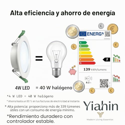 Yiahin Kit 20 LED Recessed Ceiling Spotlights 4W Neutral White 4000K, Pack of 20 Extra Flat Low Consumption LED Downlights (339lm), for Kitchen Bathroom Hallway, Non Dimmerabile