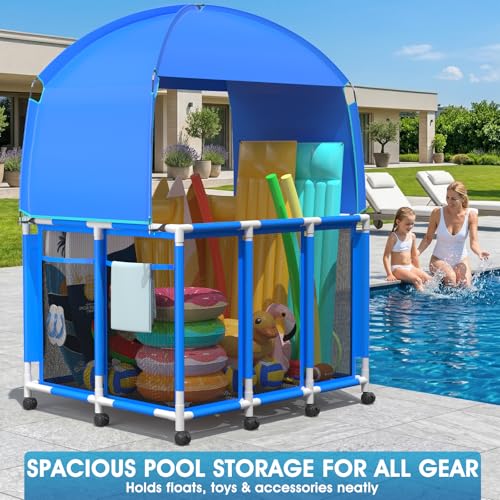 ZoneJoy Pool Float Storage with Canopy,Pool Storage Bin XXX-Large,Outdoor Pool Toy Storage Organizer for Pool, Floats & Balls, Outdoor Pool Toy Storage with Rolling Cart for Swimming Equipments
