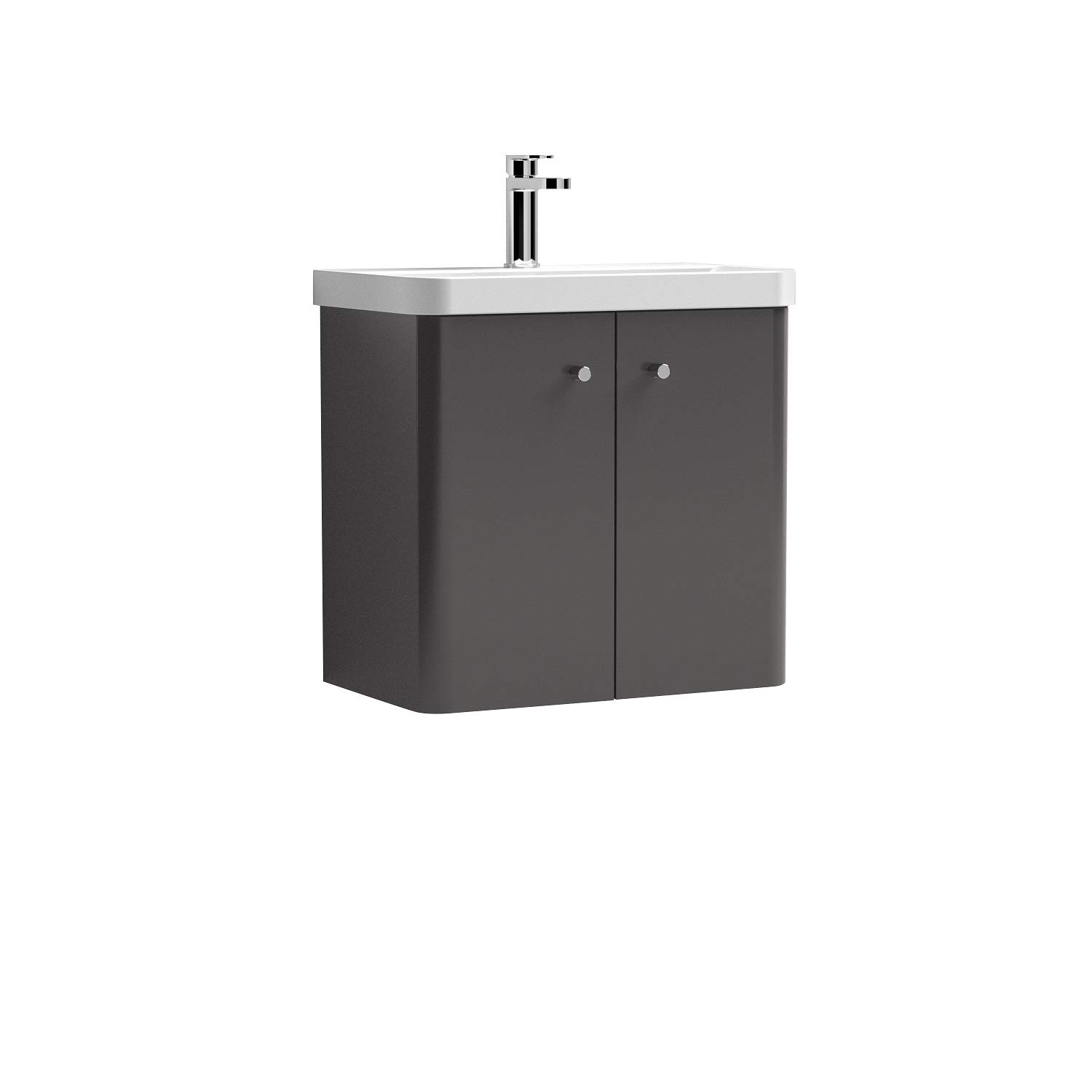 Nuie COR905 Core Modern Bathroom Wall Hung 2 Door Vanity Unit and 1 Tap Hole Ceramic Basin, 589 x 605 x 355mm, Gloss Grey