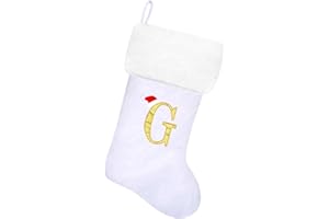 Tokforty 20 Inches White Velvet with White Super Soft Plush Cuff Monogram Christmas Stockings, Xmas Personalized Embroidered Letter Stockings for Family Holiday Decorations and Xmas Tree Fireplace（G）