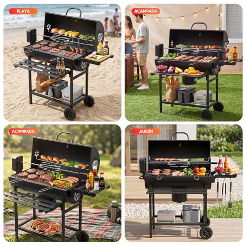 Asador de Carbon Portatil Tenedor automático para barbacoa,Asadores Parrilla de Carne Carbon con Mesa Frontal Lateral para Especia Alimento Accesorios para Asador,Empotrable Parrilla para Asar 2 Capas