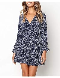 Pengfei - Mini vestido de manga larga con volantes y cuello en V para mujer