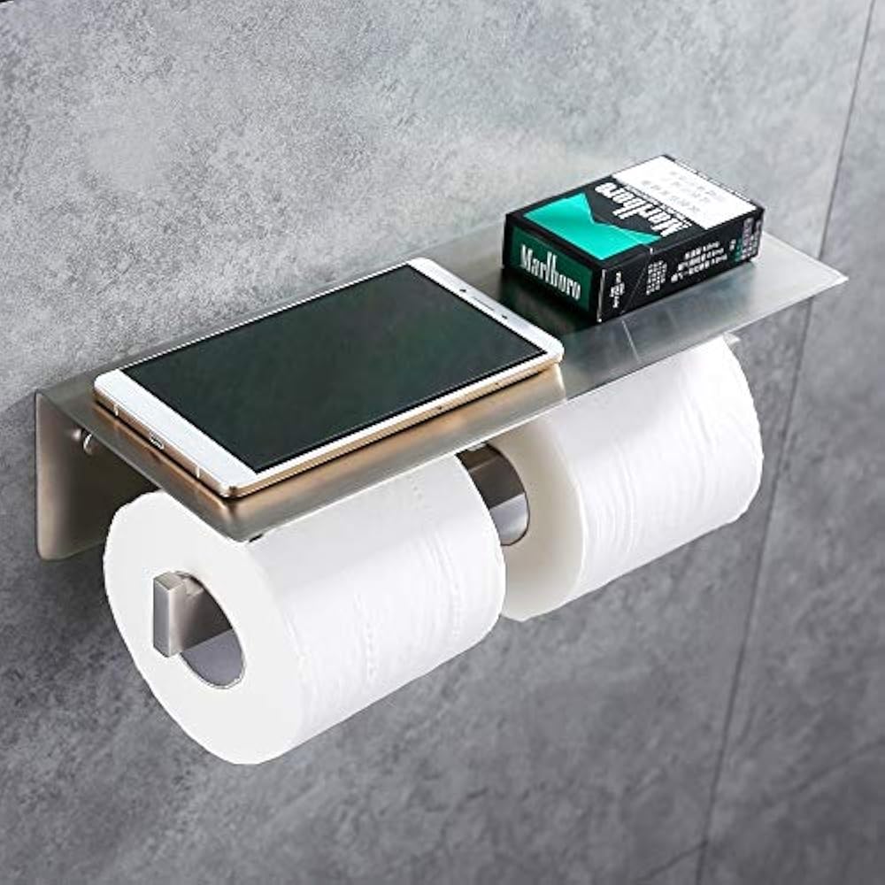 APLusee Double Toilet Paper Holder With Shelf Brushed Nickel, Modern Bathroom eBay
