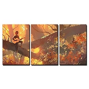 3 Piece Canvas Wall Art - Illustration - Young Man with Guitar Sitting on The Tree in Autumn Forest - Modern Home Art Stretched and Framed Ready to Hang - 16"x24"x3 Panels