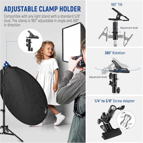 NEEWER 43"/110cm Light Reflector with Clamp & Hand Grips, 5 In 1 Collapsible Multi Disc Photography Reflector Translucent/Silver/Gold/White/Black with 3/8" Thread for Studio Outdoor Lighting, RF-110II