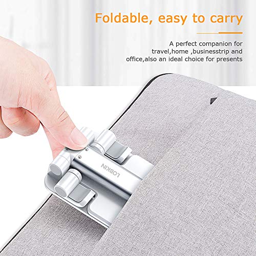 LOBKIN Phone Stand for Desk, Foldable Portable Adjustable Tablet Cell Phone Holder Charging Dock Cellphone Holder Office, Sturdy Mobile Stand Hand Metal Desktop iPhone Stand (White)