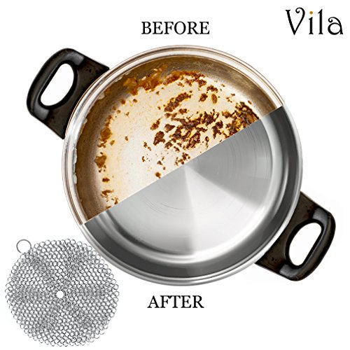 Cast Iron Cleaner - Lightweight, Flexible and Rust Proof Chainmail Scrubber - Cleans Cookware like New with No Scratches or Residue - 7” Round Stainless Steel Brush Cloth for Pots, Pans and Bakeware