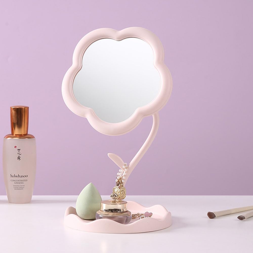 Hosoncovy Desktop Mirror with Stand - Flower Shaped Countertop Makeup Mirror - Pink