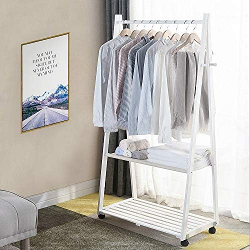 EXQUI Wooden Wardrobe Storage Tidy Rails Movable Clothes Rail White Hanging Rail with Shoe Storage Shelves and Castors Heavy Duty Garment Rack for Bedroom, 80x45x155cm