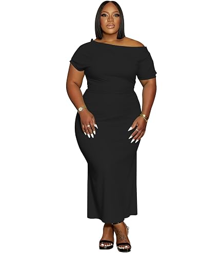 Seltaon Women Sexy Plus Size Dress V-Neck Bodycon Ruched Long Dresses with Front Slit Elegant Wedding Guest Dresses A-Black : Clothing, Shoes & Jewelry