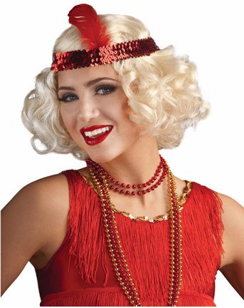 Curly Blonde Flapper Wig with Red Headband, Red / Yellow, One Size