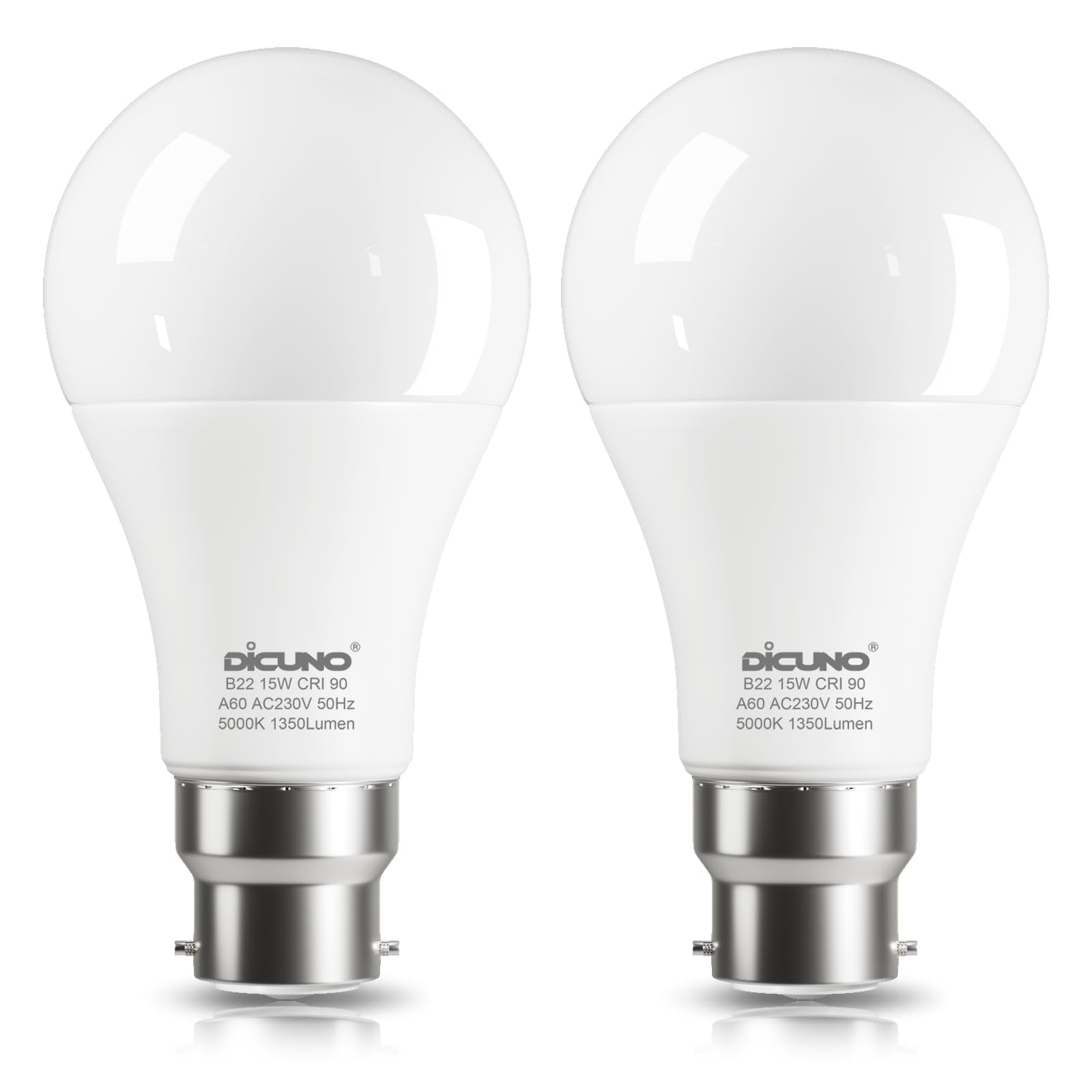 DiCUNO B22 Bayonet LED Bulb, Daylight White 5000K, 100W Equivalent, B22 LED Bulb 15W 1350LM, CRI90, Non-dimmable, 2 Pcs