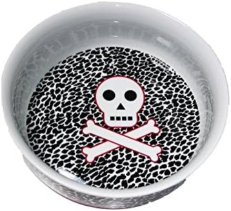 Debra Valencia Skull and Cross Bones with Leopard Pattern Ceramic Pet Bowl, 38 oz