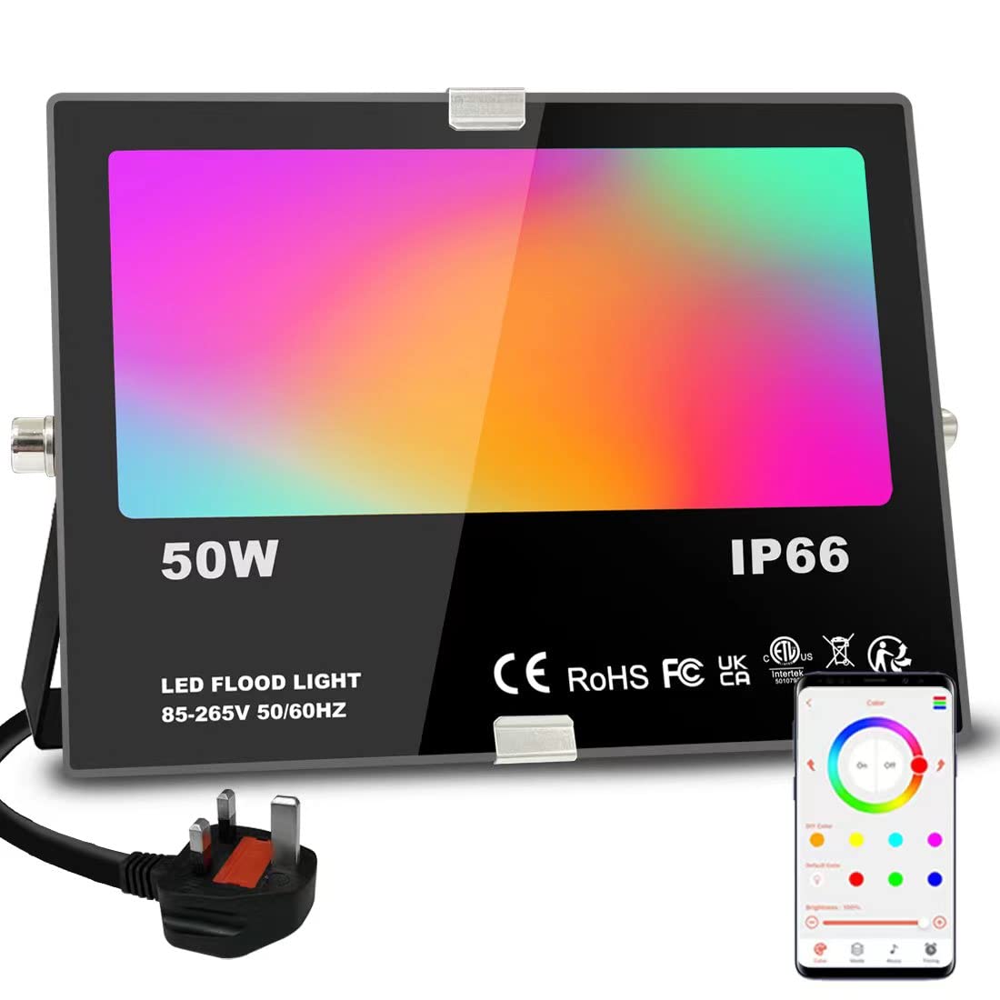Jayool LED Floodlight Outdoor 500W Equivalent 5000LM, Smart RGB Flood Lights with APP, Colour Changing - Warm White 2700K - Timing - Scene- IP 66, UK 3-Plug, 1 Pack — image 1