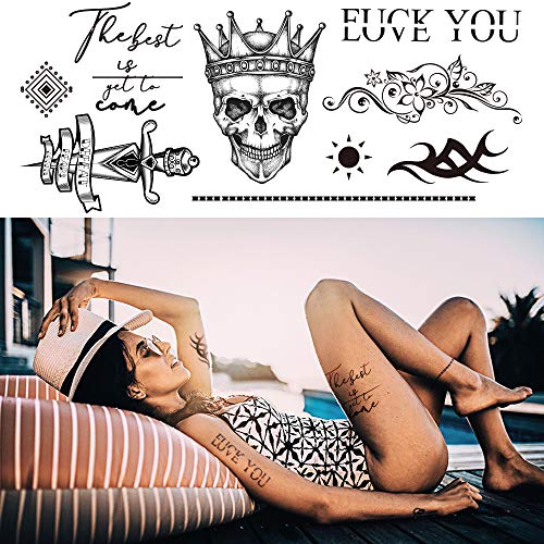 Temporary Tattoos Body Art Stickers - 100 Unique Black Fashion Various Designs Words Qoutes Marks Temp Tats Fake Waterproof Removable Stickers Party Vacation Tatts Flowers Skull Symbol 9 Sheets